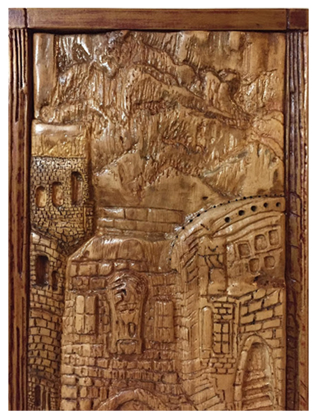 Wood carving, Old Town 10.5x26.5 in, by Mona William original artwork